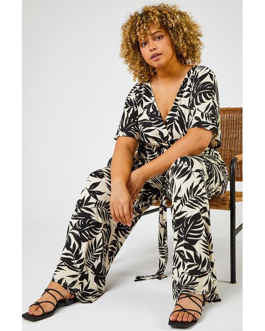 Roman Curve Black Tropical Print Jumpsuit