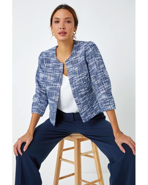 Roman Collarless Cropped Boucle Jacket in Blue Lyst UK