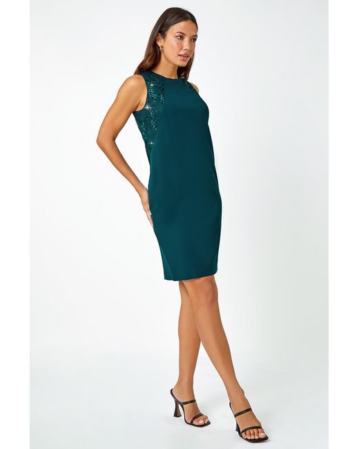 Roman Blue Sleeveless Sequin Trim Stretch Dress