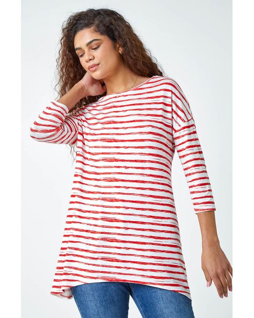 Roman Red Abstract Stripe Print Stretch Top