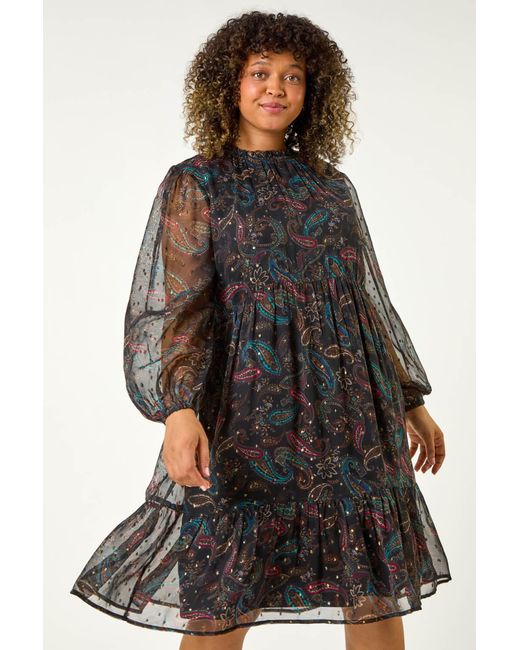 Roman Curve Gray Metallic Print High Neck Swing Dress