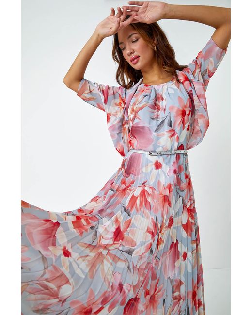 Roman White Floral Pleated Halterneck Maxi Dress