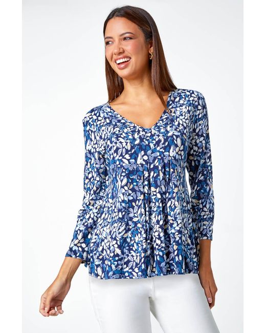 Roman Blue Leaf Print V-Neck Pintuck Tunic Swing Top
