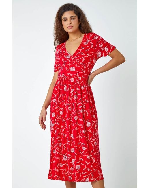 Roman Red Floral Print Stretch Wrap Midi Dress