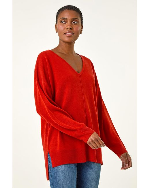 Roman Red Soft V-Neck Side Split Knit Sweater