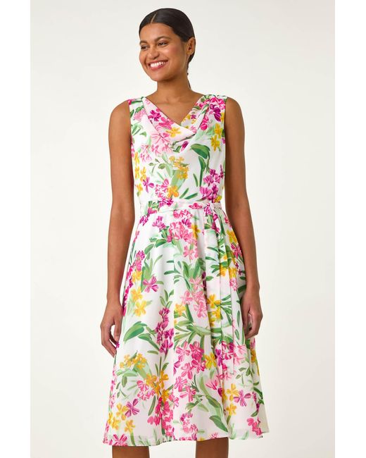 Roman Red Floral Print Cowl Neck Dress