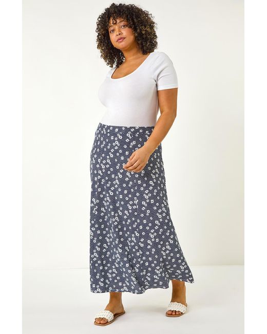 Roman Curve Blue Daisy Print Midi Skirt