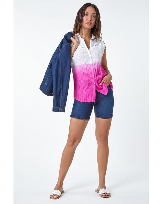 Roman Pink Ombre Embroidered V-Neck Crinkle Blouse