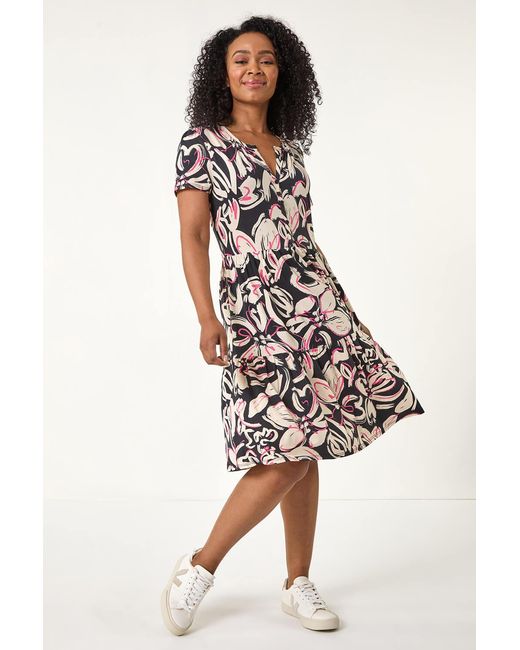 Roman Petite Black Stretch Floral Tiered Button Dress