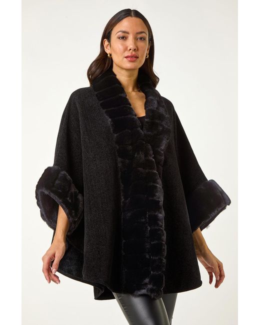 Roman Black Faux Fur Trim Knitted Poncho