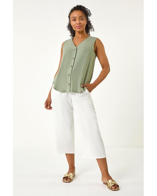 Roman Petite Green V-Neck Front Button Blouse