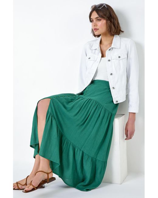 Roman Green Textured Button Tiered Midi Skirt