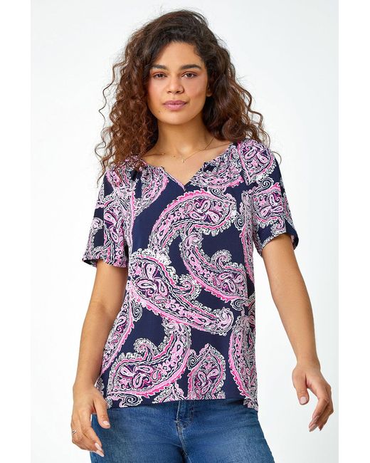 Roman White Textured Paisley Print Stretch T-Shirt