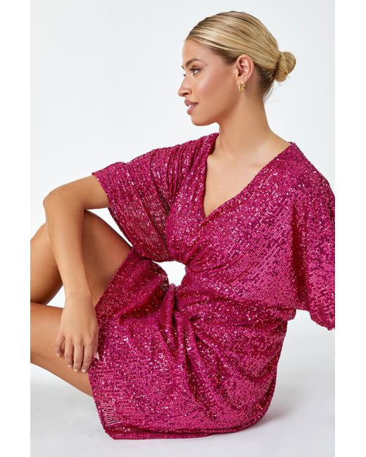 Roman Pink Dusk Fashion Sequin Embellished Wrap Stretch Dress