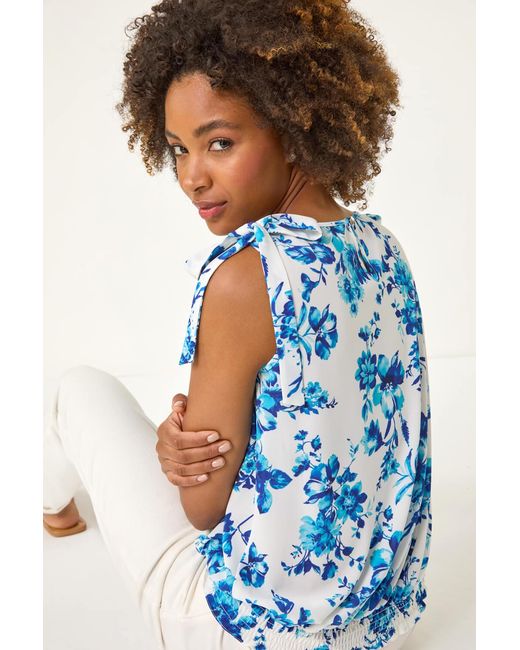 Roman Blue Floral Print Bow Detail Stretch Top