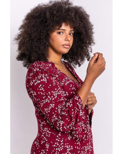 Roman Curve Red Floral Print V Neck Dress