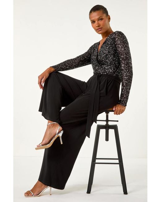 Roman Black Sequin Wrap V-Neck Stretch Jumpsuit