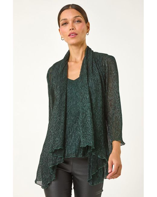 Roman Green Plisse Print Metallic Foil Kimono