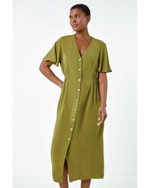 Roman Green Button Through Shirred Midi Dress
