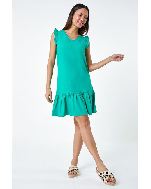 Roman Blue Linen Blend Frill Detail Dress