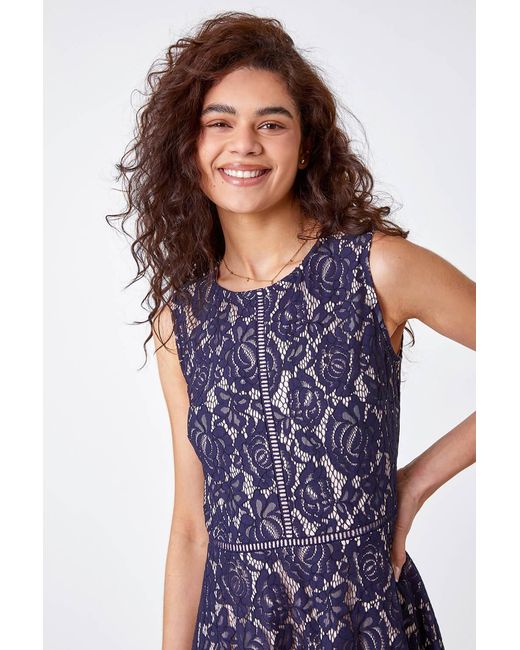 Roman Blue Fit And Flare Lace Midi Skater Dress