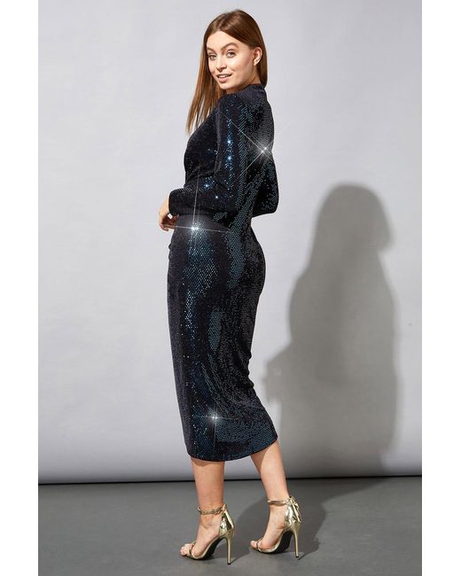 Roman Blue Sequin Embellished Ruched Wrap Dress
