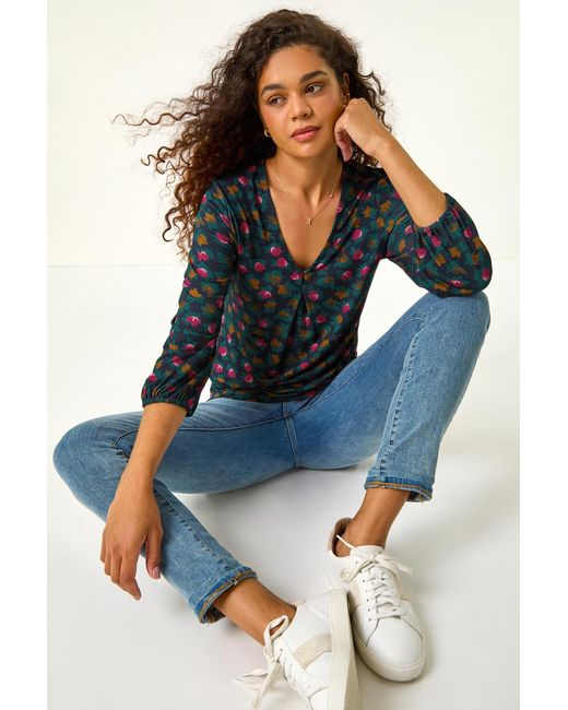 Roman Blue Floral Print Front-Pleat Top