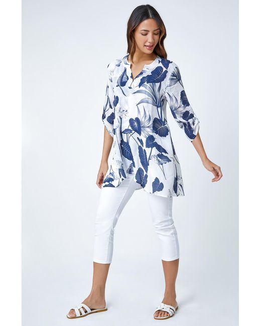 Roman Blue Palm Print V-Neck Wrap Hem Tunic Top