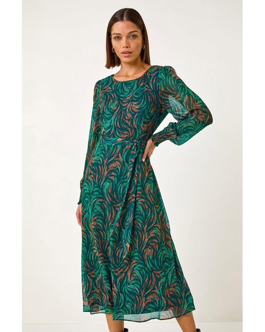 Roman Green Abstract Print Shirred Cuff Midi Dress