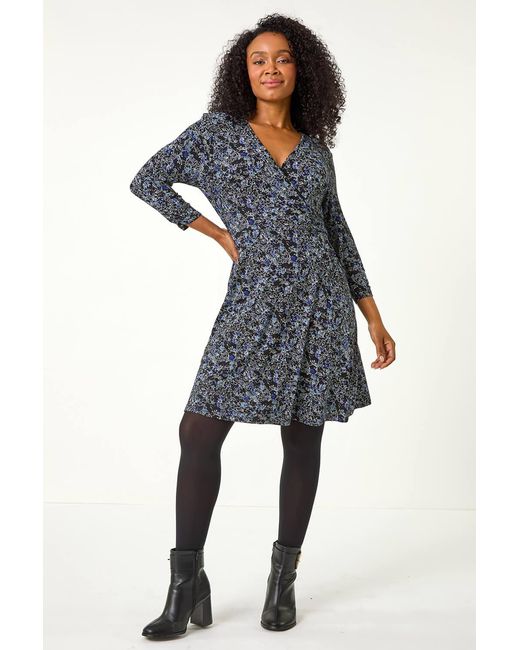 Roman Petite Blue Ditsy Print V-Neck Wrap Dress