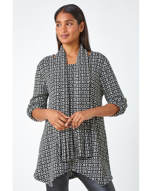 Roman Gray Abstract Print Tunic Stretch Top