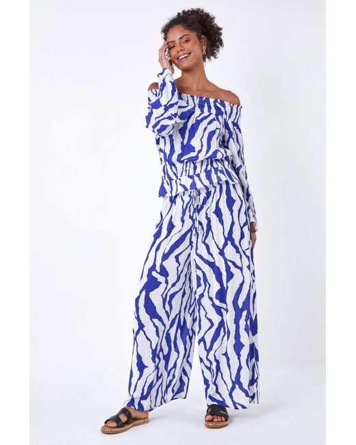 D.u.s.k Blue Animal Shirred Wide Leg Trousers