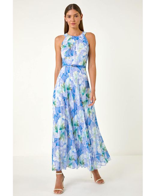 Roman Blue Floral Print Pleated Maxi Dress