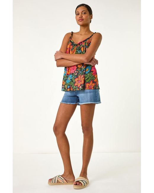 Roman Red Floral Printed Pom Pom Cami Top