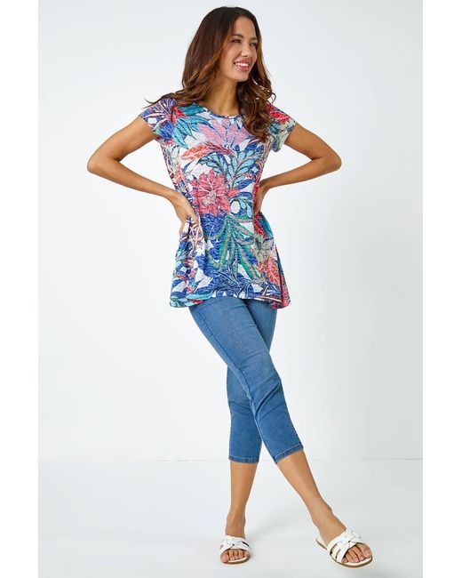 Roman White Tropical Print Hanky Hem Tunic Top