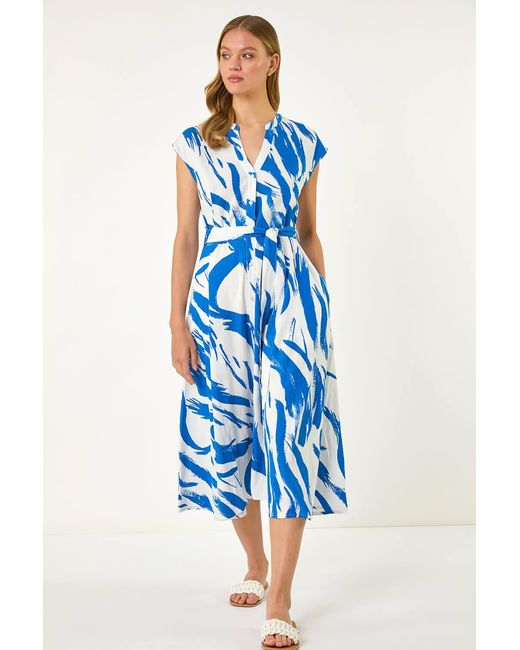 Roman Blue Brushstroke Linen Mix Midi Dress