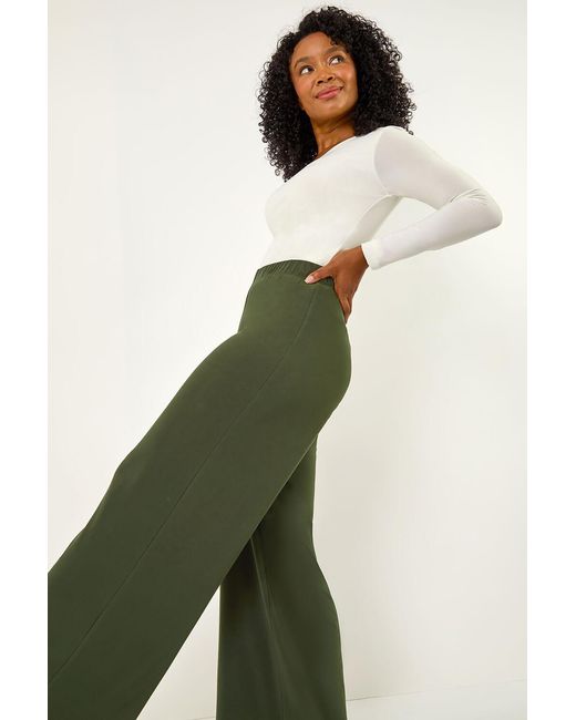 Roman Petite Green Elastic Waist Wide Leg Stretch Trouser