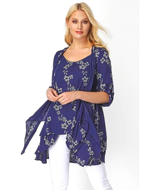 Roman Blue Floral Print Crinkle Tunic Top