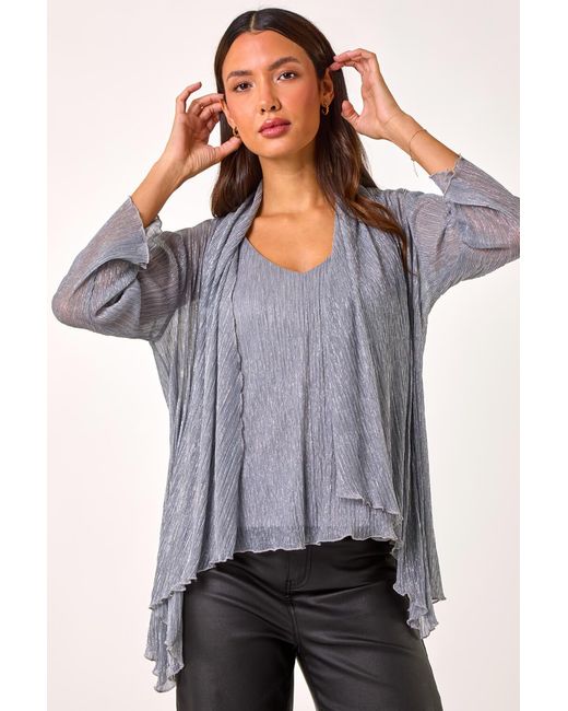Roman Blue Plisse Print Metallic Foil Kimono