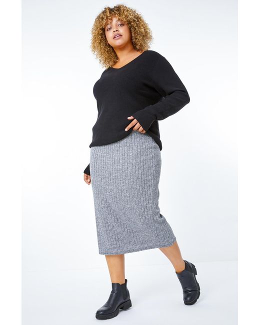 Roman Curve Black Ribbed Pull On Elastic Waist Midi Skirt