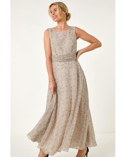 Roman Petite Natural Spot Print Ruched Waist Midi Dress