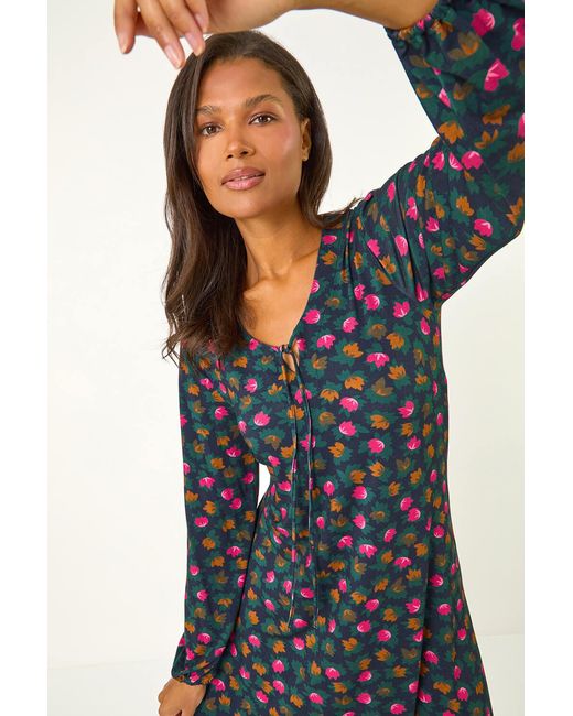 Roman Black Floral Printed Jersey Swing Dress
