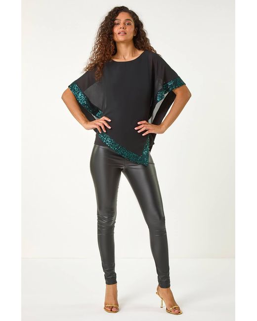 Roman Black Sequin Hem Overlay Stretch Top
