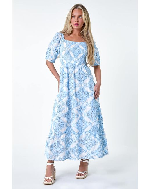 Roman Petite Blue Cotton Embroidered Shirred Maxi Dress