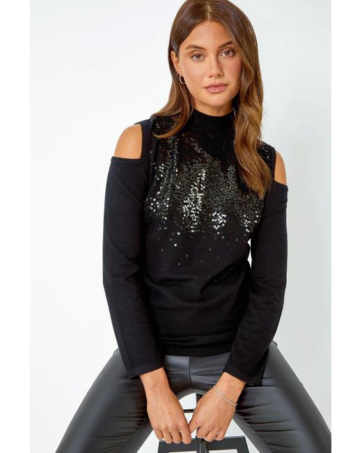 Roman Black Sequin Embellished Cold Shoulder Jumper