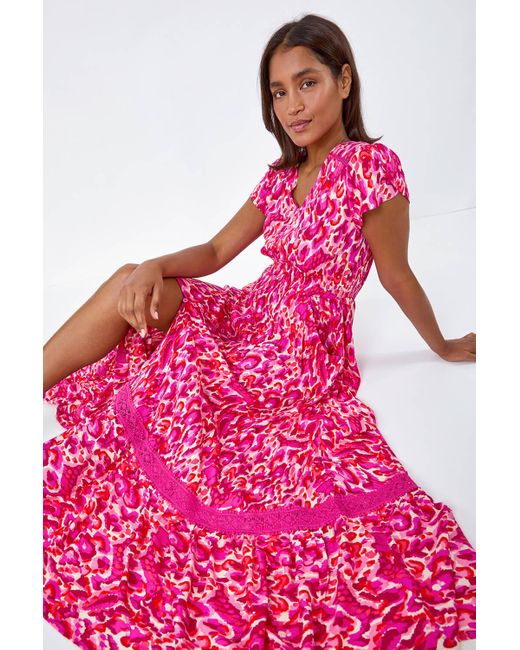 Roman Pink Abstract Print Shirred Waist Maxi Dress