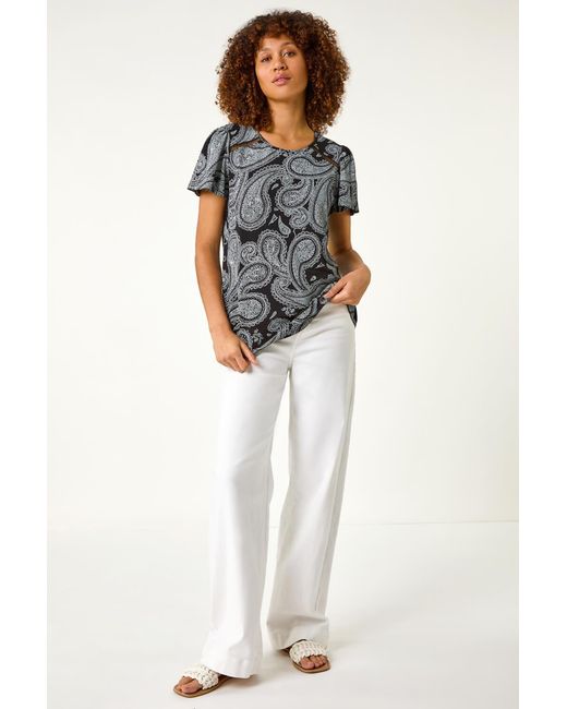 Roman Gray Paisley Print Ladder Trim Top