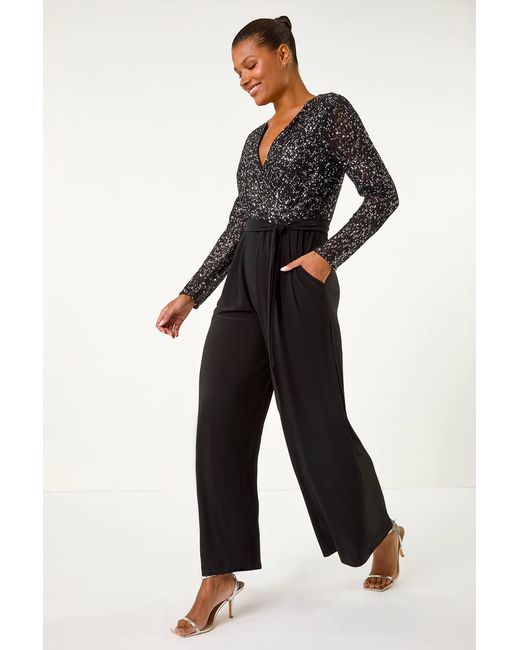 Roman Black Sequin Wrap V-Neck Stretch Jumpsuit