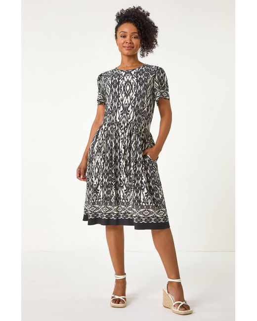 Roman Petite Black Aztec Stretch Pocket Dress