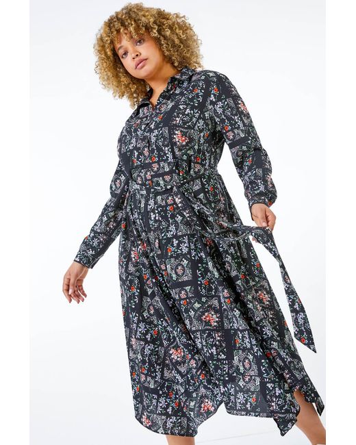 Roman Curve Green Ditsy Print Hanky Hem Shirt Dress